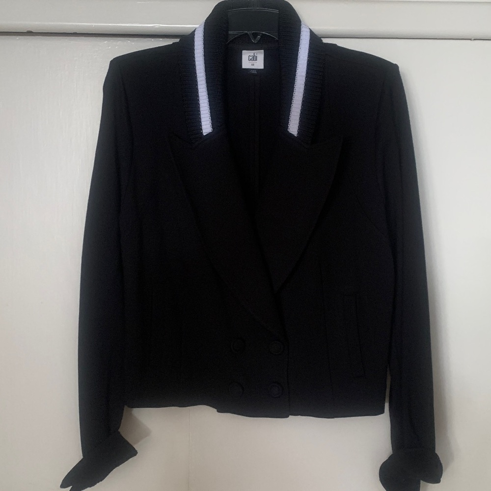 Cabi Black ponte DoubleBreasted Blazer, White Trim on color, buttons on sleeves